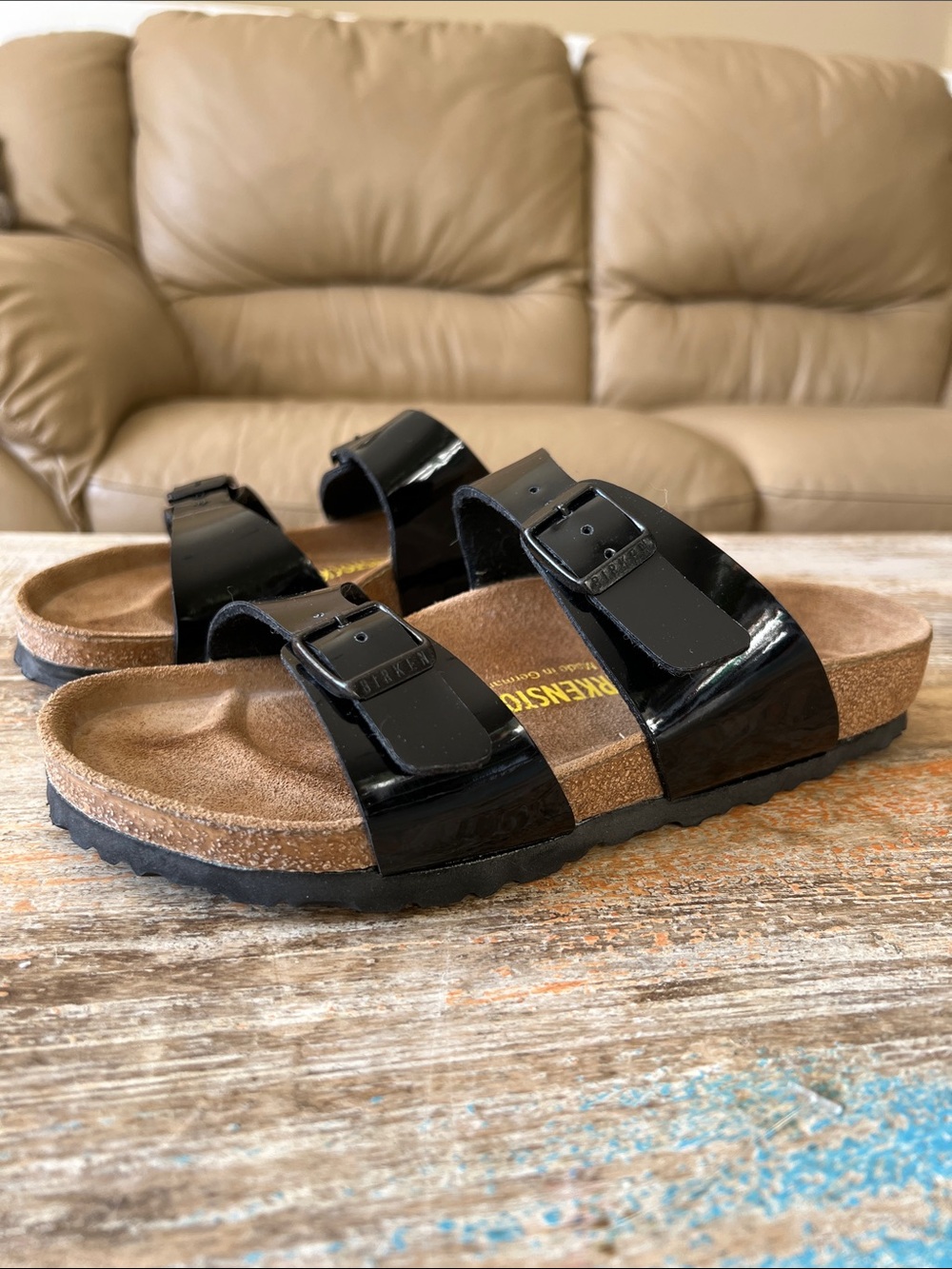 Birkenstock Women’s Black Patent Two-Strap Arizona Sandals Size 37/6-6.5